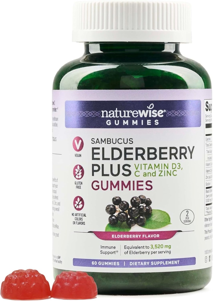 NatureWise Sambucus Elderberry Gummies - Immune Support Supplement for Kids Ages 4+ & Yetişkinler with Vitamin C, D3, çinko - Yaşlılar 3520 mg - Vegan, Non-GMO - 60 Count[30-Day Supply]