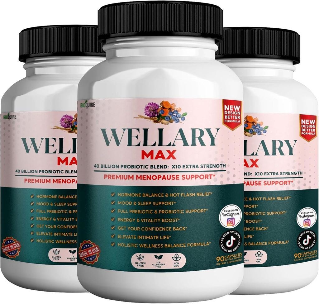 Wellary Max Εμμηνόπαυση συμπλήρωμα υποστήριξης, 40 δις CFU προβιοτικό μείγμα, 90 κάψουλες (3)