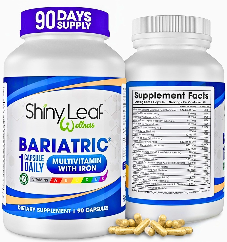 Shiny Leaf Bariatric Multivitamin with Iron - 45 mg for Gastrik Bypass, Kol Gaztrektomi, Roux-en-Y, Duodenal Switch - 22 Vitamins & Minerals, ABS Compliant, Vegetarian, USA, GMP, 90 Ct.
