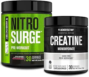 Jacked Factory NITROSURGE Pre-Workout Supplement - Intense Pumps (30 Servings, Watermelon) & Creatine Monohydrate Powder for Muscle Growth (30 Servings, Unflavored)