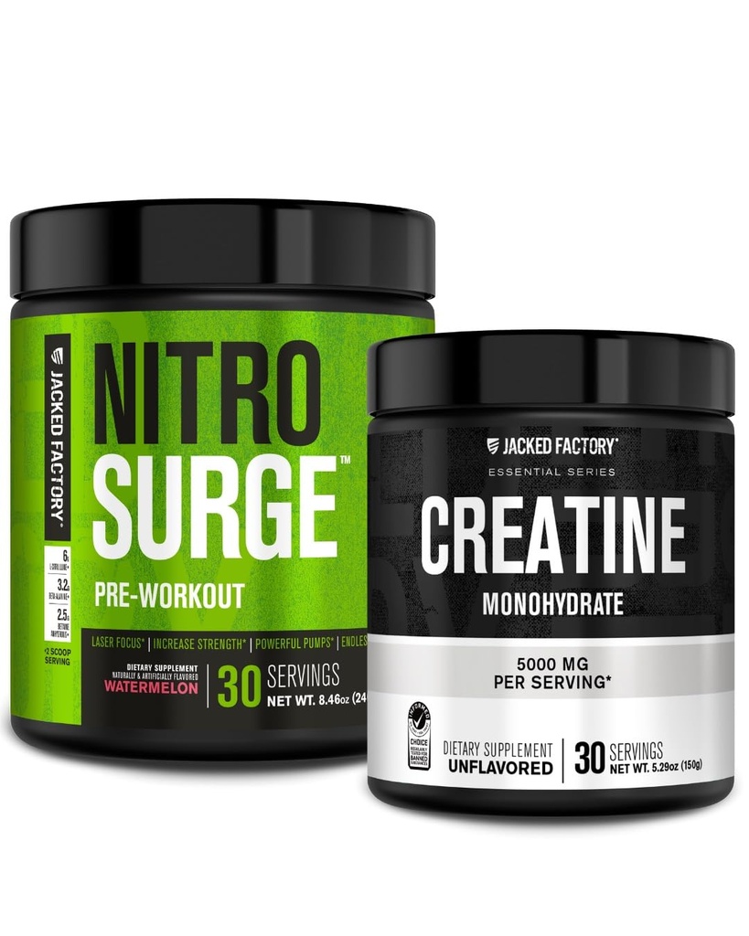 Jacked Factory NITROSURGE Pre-Workout Supplement - Intense Pumps (30 Servisler, Sumelon) & Bloodtine Monohidrat Toz Için Kas Büyümesi (30 Hizmetsiz)