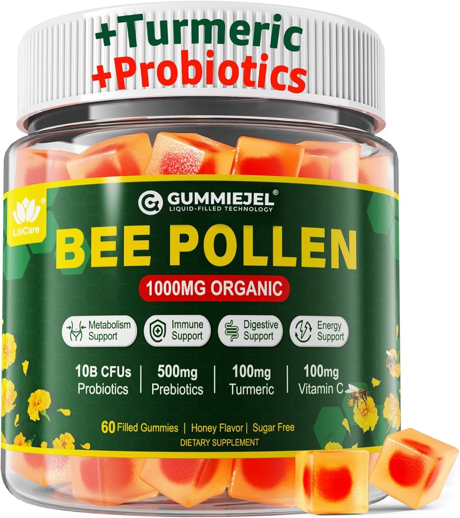 Digestive Health & Weight Bee Pollen Organic 1000mg, w/Probiotics, Prebiotics & Turmeric, Bee Pollen Gummies Πλούσια σε B-Vitamin, Αντιοξειδωτικά, Αμινοξέα, για Digestive, Βάρος & Ενέργεια