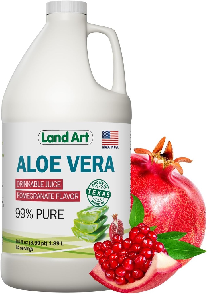 Land Art Pure Aloe Vera Juice - Pomegranate Flavored - Cold-Processed - Heart Fresh Leaves from Texas - Aid- 64 fl oz