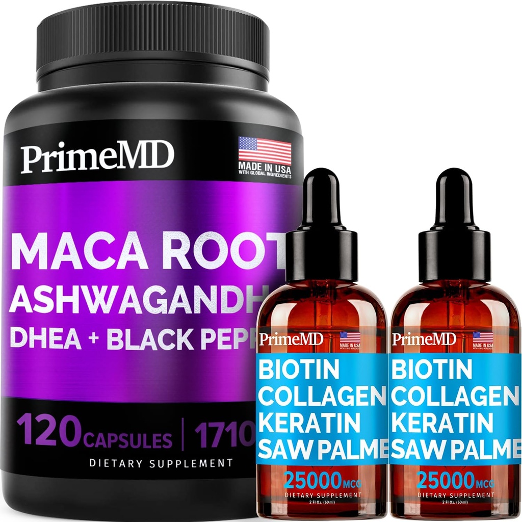 4-σε-1 Liquid Biotin Collagen Keratin Saw Palmetto Drops (2 fl oz - 2 Pack) & 6-σε-1 Maca Root Ashwagandha w Black Pepper Fruit (120ct) Bundle - Μαλλιά, δέρμα, νύχια, ενέργεια & Mood συμπλήρωμα υποστήριξης
