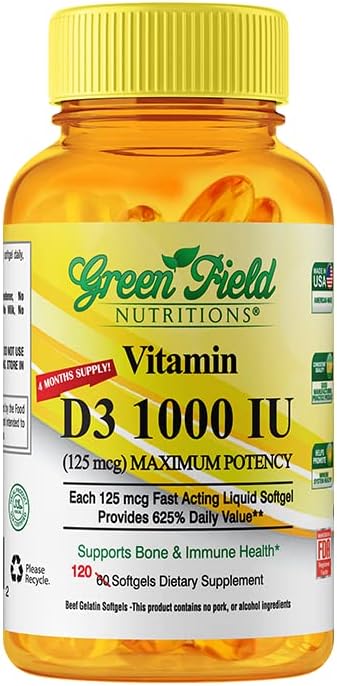 Greenfield Διατροφές Halal Vitamin D3 Softgel - Υψηλής ισχύος Βιταμίνη D3 1000 IU (125 mcg), 120 Unflaved Mini Softgels - Halal Beef Gelatin D 3 Βιταμίνες, Υποστηρίζει ανοσοποιητικό εγκέφαλο και τα μαλλιά