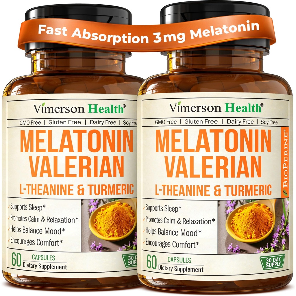 Melatonin 3mg Sleep Aid with L-Theanine & Valerian Root – Turmeric Curcumin Supplement with Ginger & Black Pepper – Organic Turmeric Supplement for Sleep, Calm and Stress Relief Support – 2 Pack