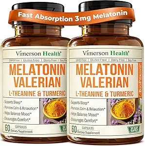 Melatonin Sleep Aid with L Theanine & Valerian Root – Turmeric Supplement – Turmeric Curcumin with Ginger & Black Pepper – L-Theanine & Melatonin 3 mg for Sleep, Calm and Stress Relief – 2 Pack