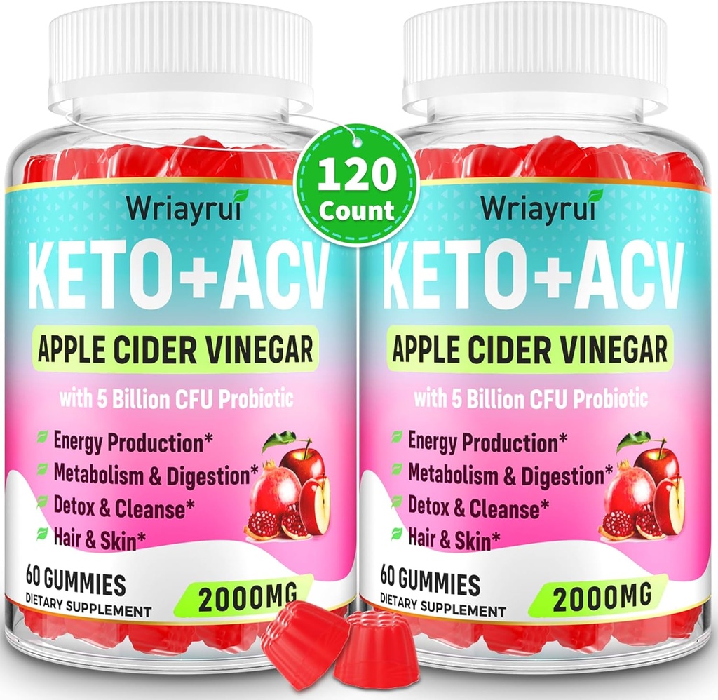 Apple Cider Vinegar Gummies, Advanced Keto ACV Gummies, ACV Gummies for Detox, Cleanse, Metabolism & Digestion, Chem Support, Formulated with Green Tea, B6 & B12, Probiyotiks, 120 Counts