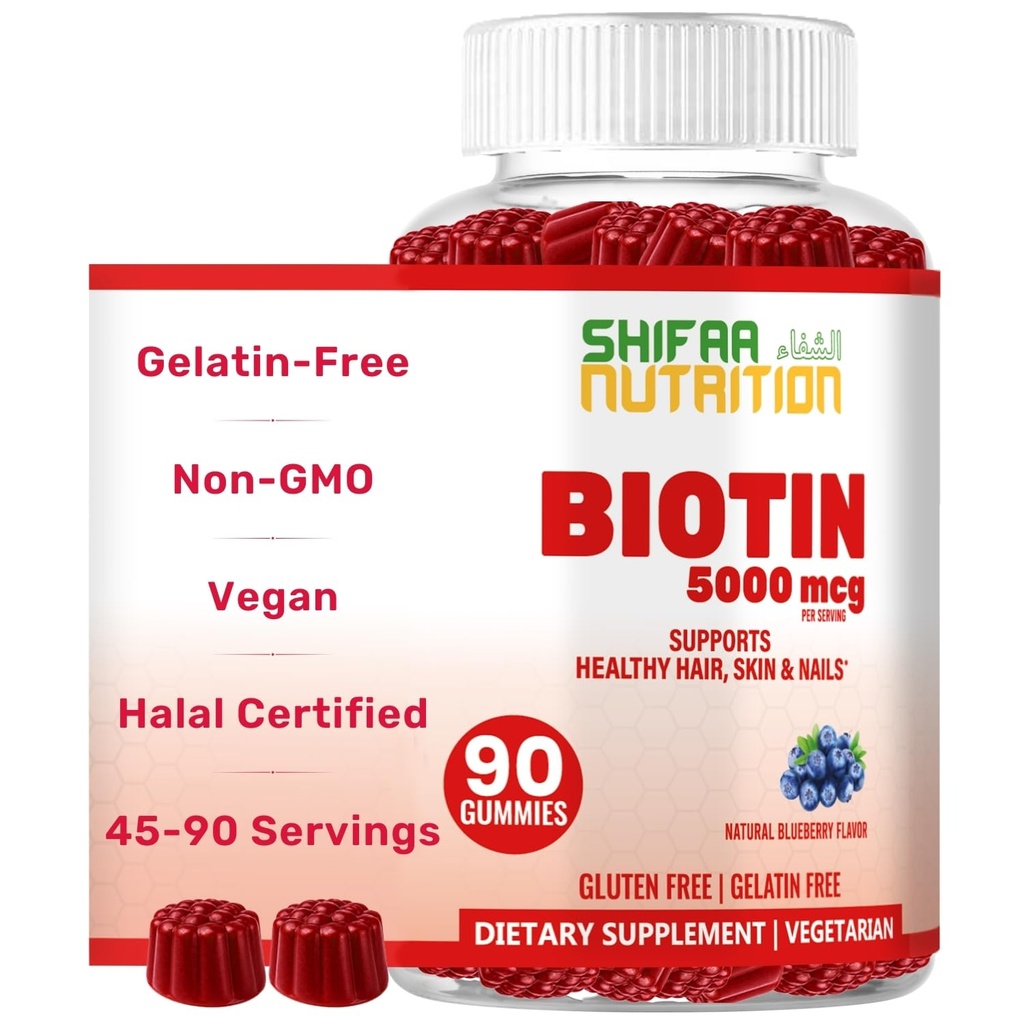 SHIFAA UTRITION Vegan Biotin Gummies for Adult & Kids | 90 Gummies | 5000 mcg 45 Hizmet | Non-GMO | Gluten, Gelatin, Peanuts, Egg & Dairy | Biotin Gummy