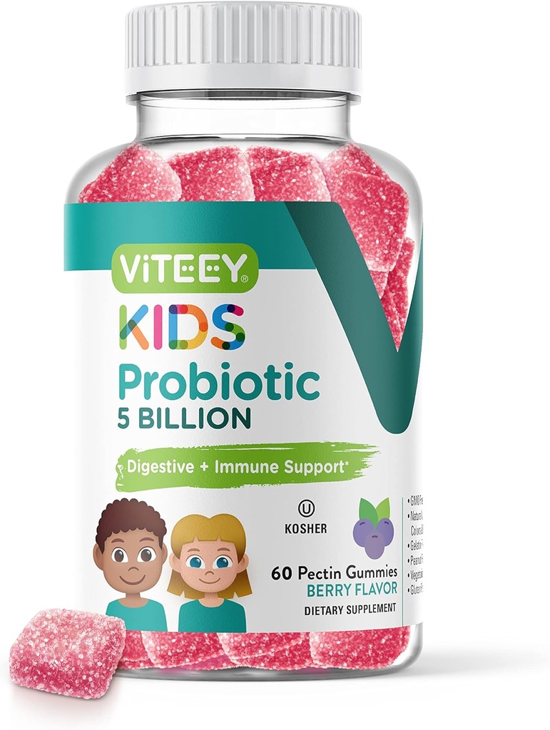 Viteey Probiotic Gummies for Kids - 5 δισεκατομμύρια CFUs - Προβιοτικά Παιδική δυσκοιλιότητα Ανακούφιση, Φυσικό ανοσοποιητικό & Digestive Υγεία Υποστήριξη - Χορτοφαγικά, Ζελατίνη Δωρεάν, GMO Δωρεάν - Νόστιμο μούρο Γεύση Gummy
