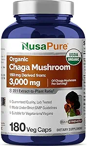 NusaPure Chaga Mushroom 20:1 Extract, 150 mg Ισοδύναμο με 3.000 mg ανά κάψουλα Veggie, 180 Count, USDA Organic, Vegan, Non-GMO