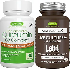 Canlı Kültürler+ Lab4 Probiyotiks + High Abxia Curcumin C3 Komplek Vegan Sche, 25 Milyar CFU Probiyotik, Non-Bloating Prebiyotik + 300 Greater Ab component Curcuminoids with Rapid Uptake, By Igennus