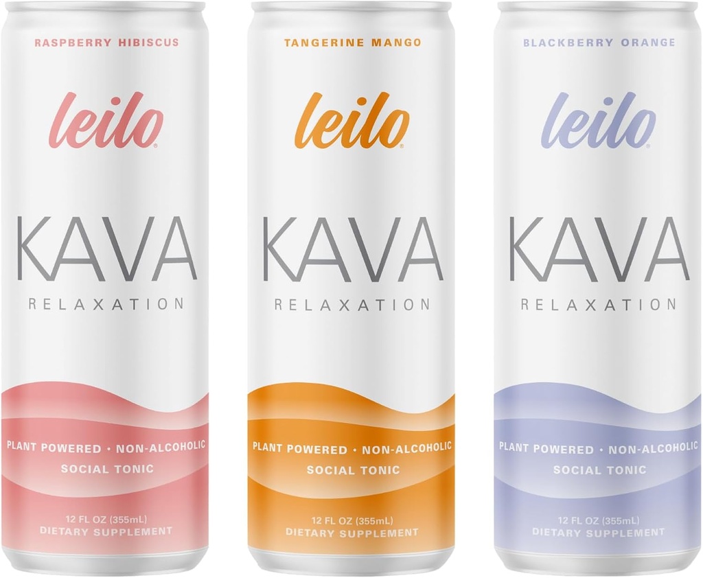 LEILO | Kava Powered Sparkling Relaxation Drink | Classic Diversity-Pack – Adds: Raspberry Hibiscus, Tangerine Mango, BlackBerry Orange | 12 fl oz Cans (Pack of 12)