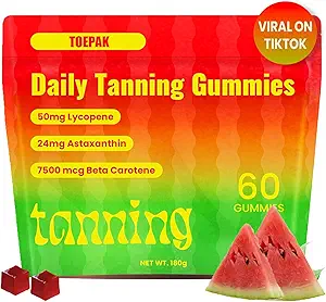 60 Pcs Natural Tanning Gummies, Astaxanthin 24mg Lycopene 50mg Plus Beta Carotene 7500 mcg, Best Astaxanthin Supplements for Skin Health & Glow, Non-GMO, Sour Watermelon Flavor