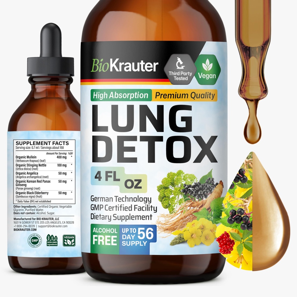 BIO KRAUTER Lung Detox Drops - Pure Vegan Lung Cleanse Liquid Form 4 Fl.Oz 56 Ημέρες Προμήθειας - Blend Mullein, Elderberry, Stinging Nattle, Ginseng & Angelica Extracts - Αναπνευστική Υποστήριξη