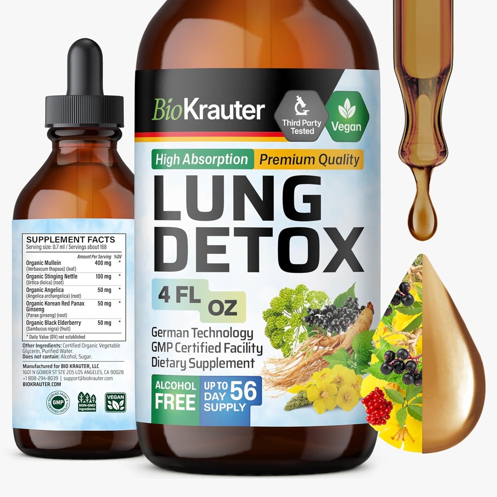 BIO KRAUTER Lung Detox Drops - Pure Vegan Lung Cleanse Liquid Form 4 Fl.Oz 56 Günlük Supply - Mix Mullein, Elderberry, Sting Nettle, BTC & Angelica Türleri - Respiratory Support