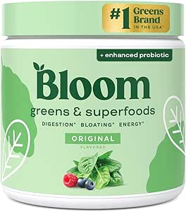 Bloom Beslenme Superfood Greens Toz, Probiyotikler ve Prebiyotiklerle Digestive Enzymes, Gut Health, Women, Chlorella, Green Juice Mix with Beet Root Toz, 30 SVG, Original