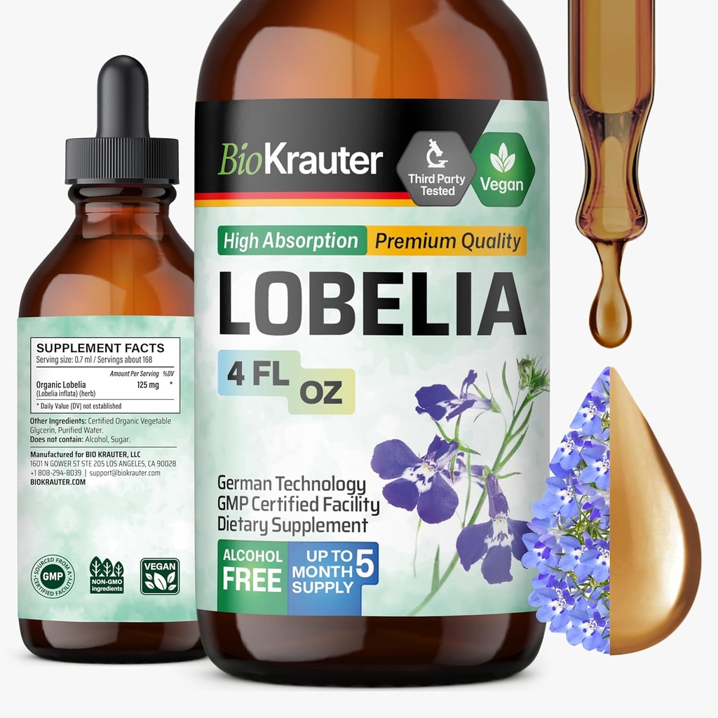 BIO KRAUTER Lobelia Tincture for Lung Cleanse & Detox - Pure Vegan Lobelia Herb Sıvısı - 4 Fl.Oz 168 Tedarik Günleri - Respiratory Desteği Tamam - Alkol & Şeker Ücretsiz, Non-GMOMO