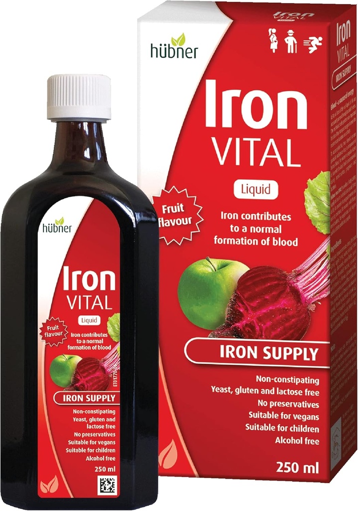 Hübner Iron Vital Liquid Iron Supply Plus Vitamin C, Diyetsel Supplement for Yetişkinler and Kids, Vegan and Gluten-Free, Fruit Flavor, 250 ml Şişe, 25 Hizmetler