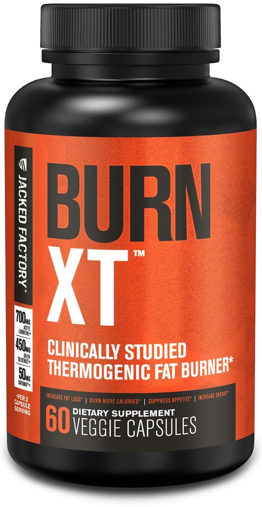 Jacked Factory Burn-XT Clinically Studied Fat Burner & Weight Loss Supplement - Ορεκτικό Καταπιεστικό & Ενεργειακό Αναμνηστικό - με Acetyl L-Carnitine, Πράσινο εκχύλισμα τσαγιού και περισσότερα - 60 χάπια φυσικής διατροφής