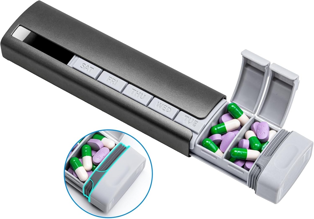 Daviky Metal Seyahat Pill Organizer, Premium Alüminyum Pill Box 7 Gün, Haftalık Günlük Pill Case, Şık & Cute Pill Holder for Medicines, Supplements and Vitamins (Gray)