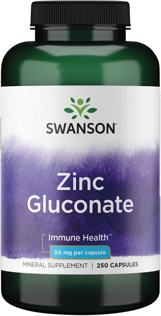 Swanson Zinc Gluconate - Συμπλήρωμα Ορυκτών Προωθώντας την υγεία του προστάτη, την υγεία του οράματος, & την ανοσοποιητική υποστήριξη - Γλουκονική μορφή για βέλτιστη απορρόφηση - (250 κάψουλες, 50mg το καθένα)