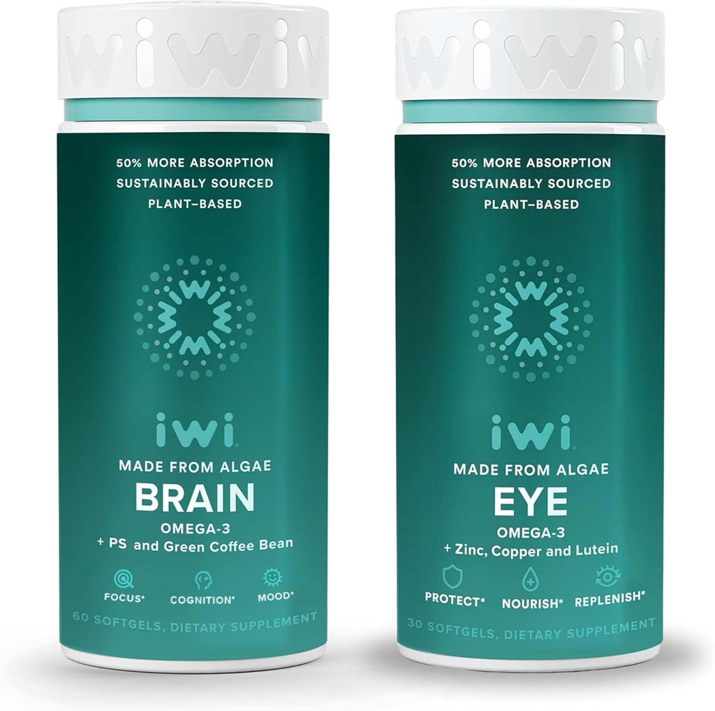 Iwi Life Brain & Eye Omega-3 Sche, 30 Hizmet, Vegan Plant-Based Algae Omega 3 with EPA + DHA, Krill & Fish Oil Alternative, No Fishy Aftertaste