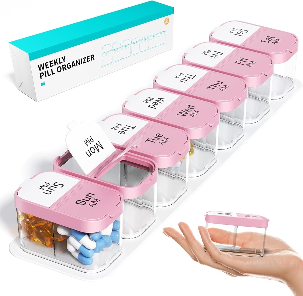 Odaro Extra Large Weekly Pill Organizer 2 Times A Day, Pill Box 7 Day Am Pm to Hold Daily Medicine Vitamin and Supplements - Pink Pill Organizer 2 Times A Day, Pill Box 7 Day Am Pm to Hold Daily Medicine Vitamin and Supplements - Pink