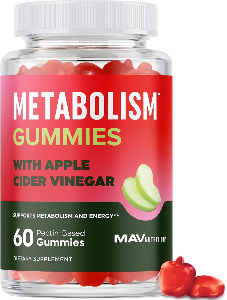 Metabolism Apple Cider Vinegar | Enerji, Digestion & Lean Body Mass Support | Apple Cider Vinegar Gummies with The Mother, B12 & Folate | Metabolism Support for Women & Men | 60 Ct.