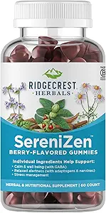 RidgeCrest Herbals SereniZen Gummies with Ashwagandha, GABA, L-Theanine, Chamomile & Lemon Balm, Supports Relaxation & Calm, Stress Management, Sleep. Daily Health Supplement, 60 Ct, 1-2 Ay Supply