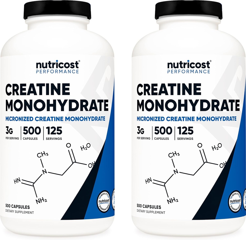 Nutricost Kretine Monohidrat 3000 mg Servisi, (750 mg Per Capsule), 500 Capsules (2 Şişe)