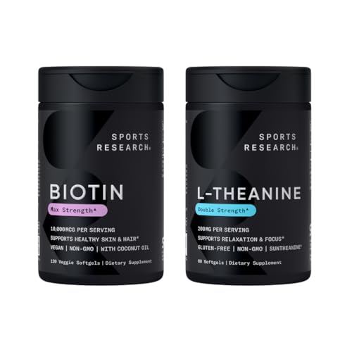 Spor Araştırma Vegan Biotin 10.00063 with Coconut Oil Max Strength Vitamin B7 120 Softgels (4 Ay Supply) ve Double Strength L-Theanine Supplement for Focus, Relaxation & Alertness 200 mg 60 Countation