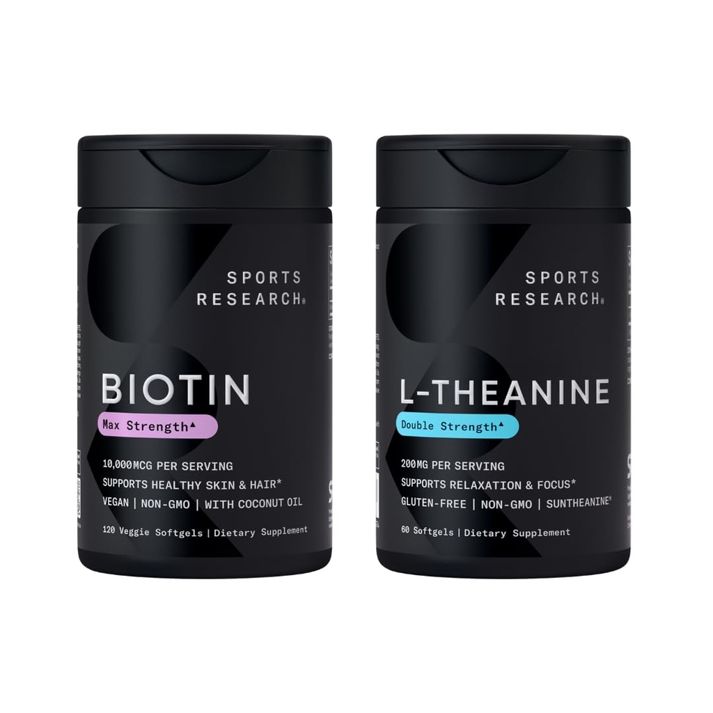 Sports Research Vegan Biotin 10,000mcg with Coconut Oil Max Strength Vitamin B7 120 Softgels (4 Month Supply) and Double Strength L-Theanine Supplement for Focus, Relaxation & Alertness 200mg 60 Count