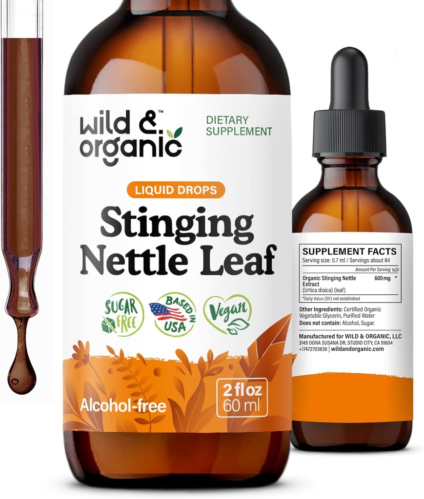 Wild & Organic Sting Nettle Leaf Extract Drops - Urinary Tract Support - Sıvı Sting Nettle Supplement - Urtica Dioica Tincture - 2-Month Supply - Vegan, Sugar & Alkol-Free - 2 fl oz