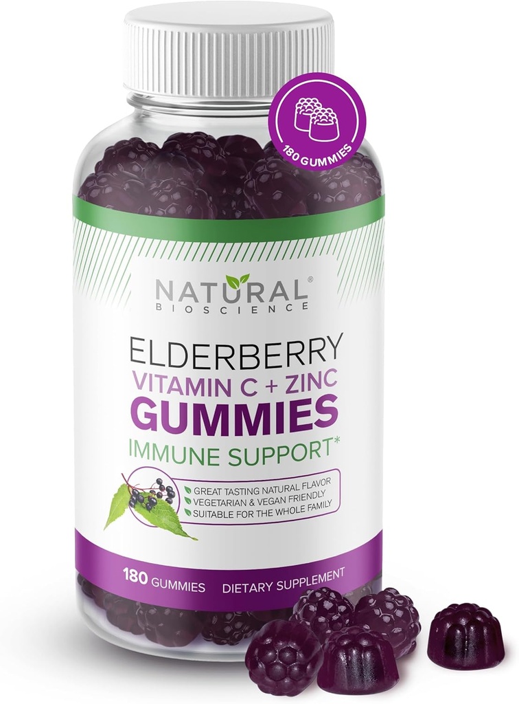 Natural BioScience Sambucus Elderberry Gummies με Βιταμίνη C & Ψευδάργυρο, Ανοσολογική Υποστήριξη για Ενήλικες & Παιδιά, Καθημερινή Αντιοξειδωτικό & Wellness Boost, 180 Vegan, Χωρίς Γλουτένη, Μασώμενα Gummies Elderberry