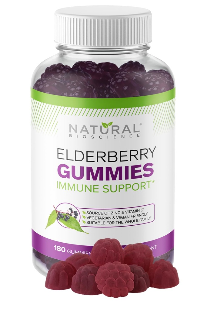 Natural BioScience Sambucus Elderberry Gummies με Βιταμίνη C & Ψευδάργυρο, Ανοσολογική Υποστήριξη για Ενήλικες & Παιδιά, Καθημερινή Αντιοξειδωτικό & Wellness Boost, 180 Vegan, Χωρίς Γλουτένη, Μασώμενα Gummies Elderberry