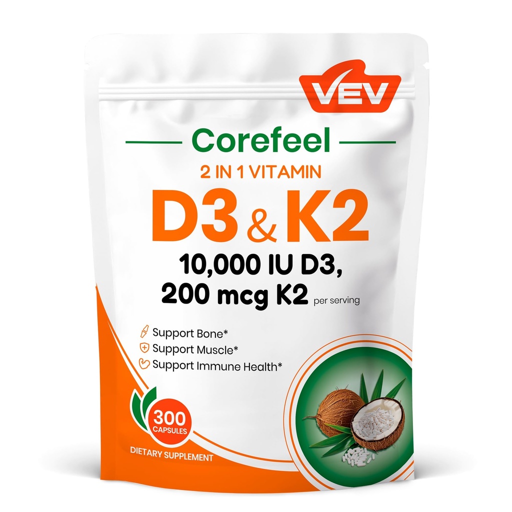 VEV Corefeel Vitamin D3 K2, 10.000 IU D3, 200 C2 ( MK7 ile), Kemik ve Diş Sağlığı, Günlük Sağlık için Dual Nutrient Destek, 300 Capsules
