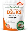 VEV Corefeel Vitamin D3 K2, 10.000 IU D3, 200 C2 ( MK7 ile), Kemik ve Diş Sağlığı, Günlük Sağlık için Dual Nutrient Destek, 300 Capsules