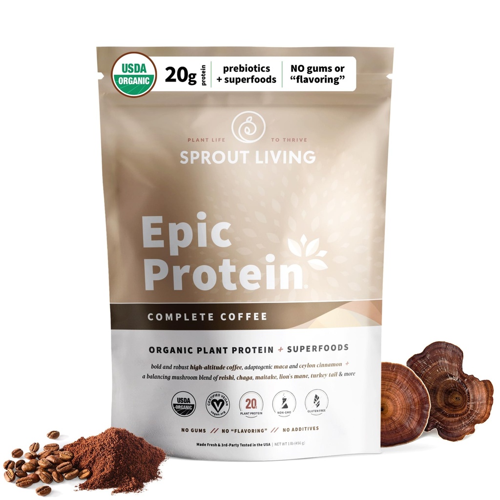 Sprout Living, Epic Protein, Plantive protein & Superfoods Toz, Tamam Kahve | 20 Grams Organik Protein Toz, Adaptogens, Mushrooms, Vegan, Non-GMO, Gluten Free (1 Pound, 12 Hizmet)
