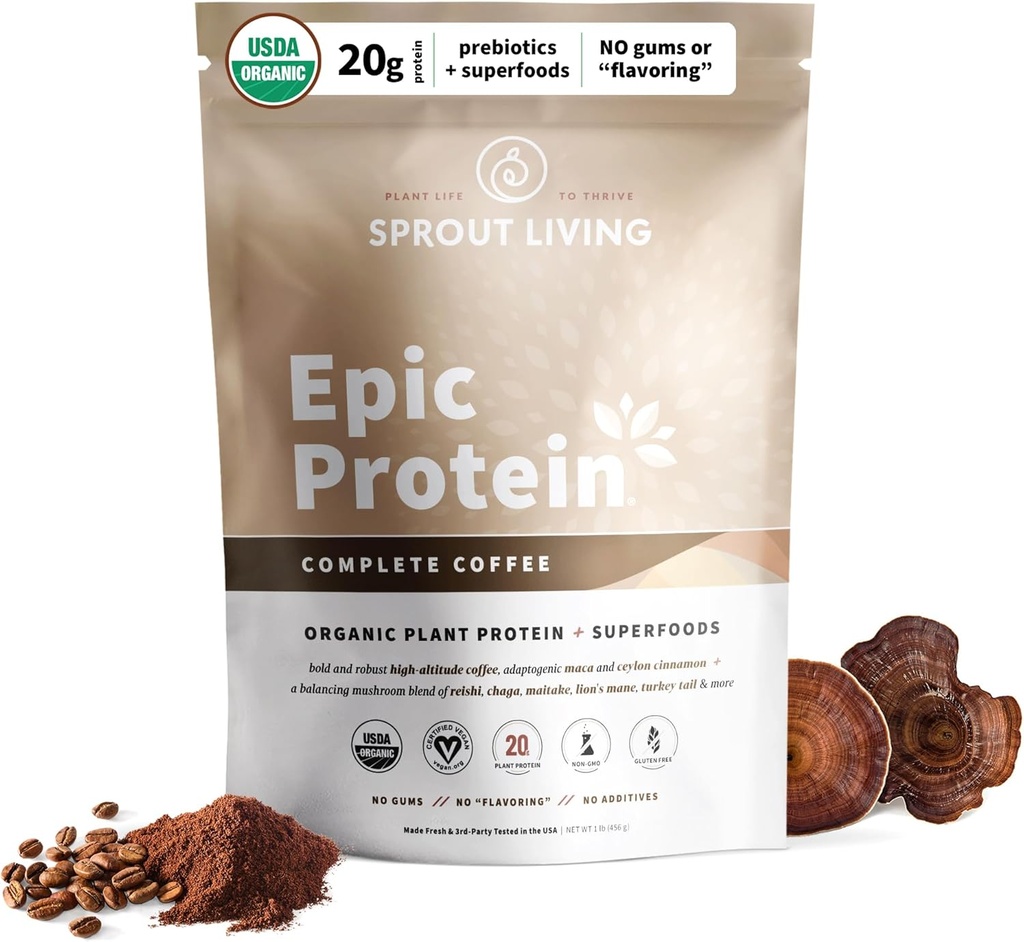 Sprout Living, Epic Protein, Plantive protein & Superfoods Toz, Tamam Kahve | 20 Grams Organik Protein Toz, Adaptogens, Mushrooms, Vegan, Non-GMO, Gluten Free (1 Pound, 12 Hizmet)