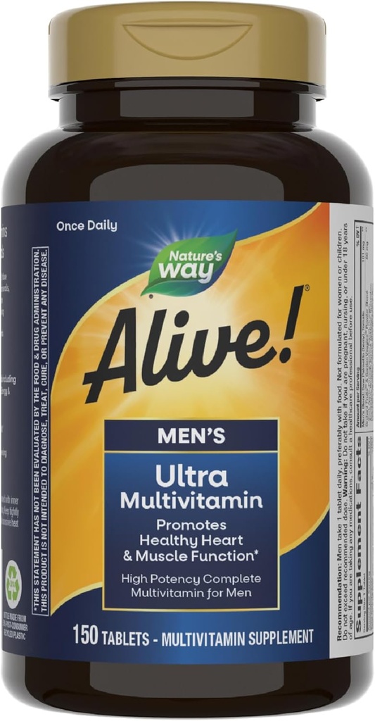 Doğanın Yolu Alive! Erkeklerin Günlük Ultra Multivitamin, Yüksek Potency Formula, Kalp ve Kas Fonksiyonlu *, Metilated Vitamin B12, Gluten Free, 150 Tabletler