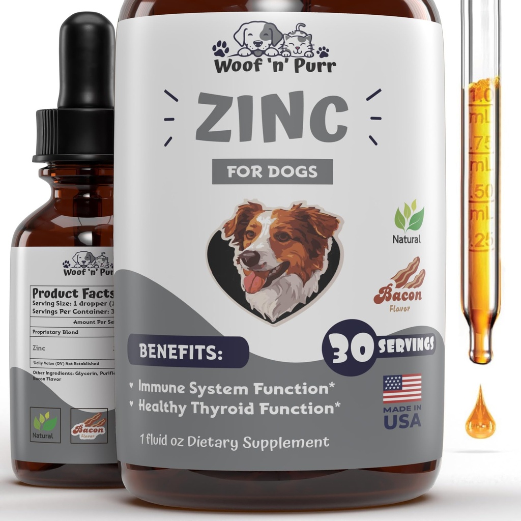 Köpekler için çinko - Köpek çinko Tamamı - Sağlıklı Skin'ı Desteklemek için yardımcı olun, Öner, Immune Health & More - Dog çinko - Dog Skin and Coat Supplement Supplement Supplement for Dogs - 1 fl oz - Bacon Flavor