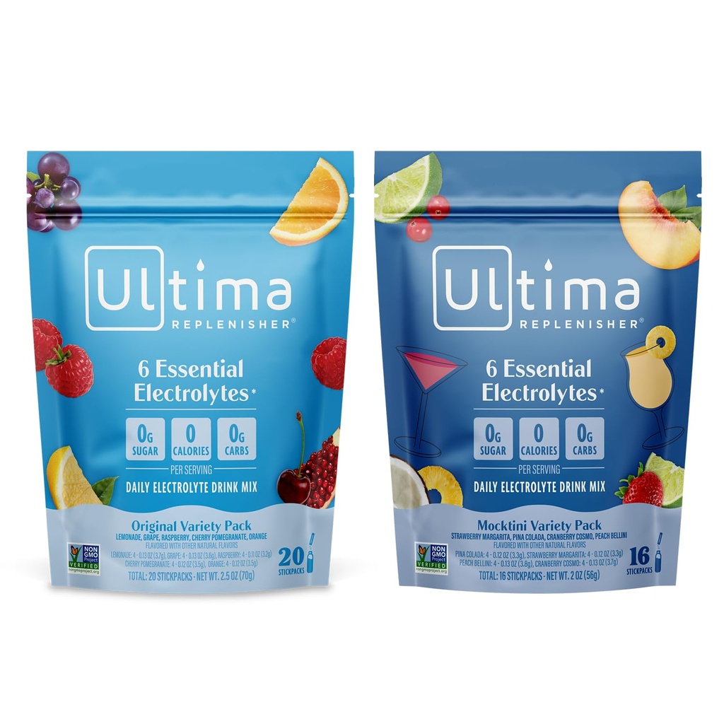 Ultima Replenisher Daily Electrolyte Powder Drink Mix – Χωρίς ζάχαρη – Mocktini Variety and Original Variety, 36 Stickpacks – Πακέτα ενυδάτωσης με 6 ηλεκτρολύτες και ορυκτά – Keto, Non-GMO