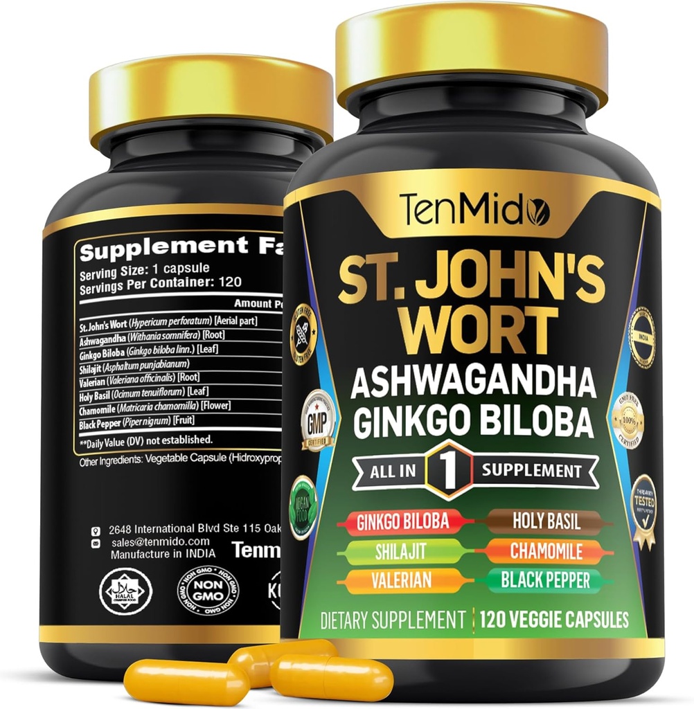 St.John's Wort Supplement - 8in1 Formula - Συνδυάστε με Ashwagandha, Ginkgo Biloba, Shilajit, Valerian, Holy Basil, Χαμομήλι, και Black Pepper - 120 Vegan Κάψουλες για 4 μήνες Προμήθεια