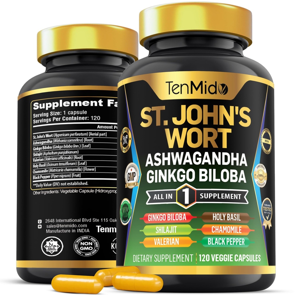 St.John's Wort Supplement - 8in1 Formula - Ashwagandha, Ginkgo Biloba, Shilajit, Valerian, Holy Basil, Chamomile ve Black Pepper - 4 Ay boyunca 120 Vegan Capsules