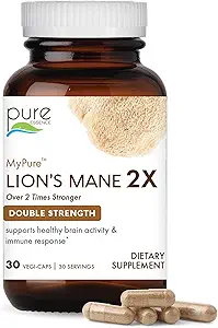 PURE ESSENCE LABS MyPure Lion's Mane 2X - Συμπλήρωμα υποστήριξης εγκεφάλου διπλής αντοχής με 100% οργανικό καρποφόρημα σώματος Lion's Mane για Γνωστική Υγεία, Εστίαση, Μνήμη & Διανοητική Καθαρότητα, 60 κάψουλες