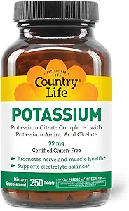 Country Life Potassium 99 mg Tablets - Chelated for Enhanced Absorption, Supports Neuromuscular Function & Electrolyte Balance, Certified Gluten Free, Vegan, Kosher, 250 Tablets