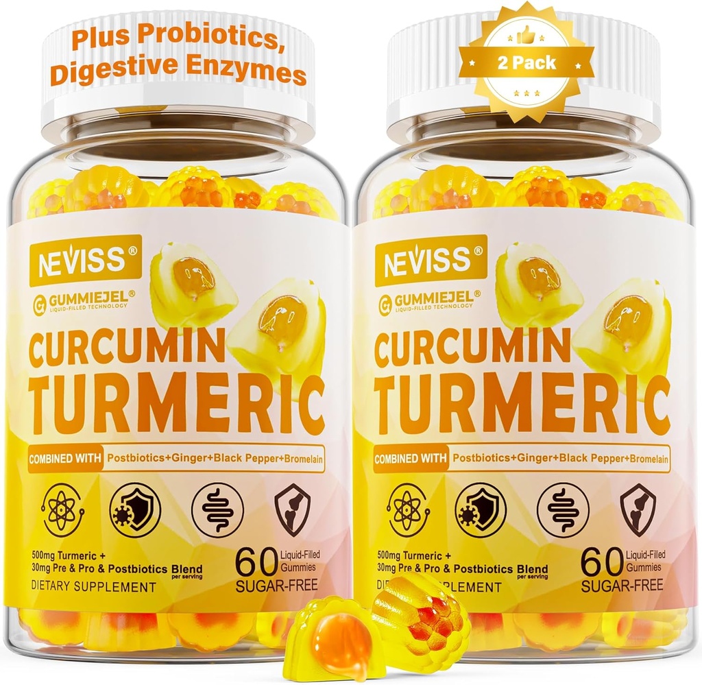 Şeker Free Turmeric Curcumin Yetişkinler için Gummies 550 mg, Ginger & Black Pepper |% 95 Curcuminoids w / Prebiyotik Probiyotik & Postbiyotik, Support, Immune & Digestive Health, Vegan, 2Pack