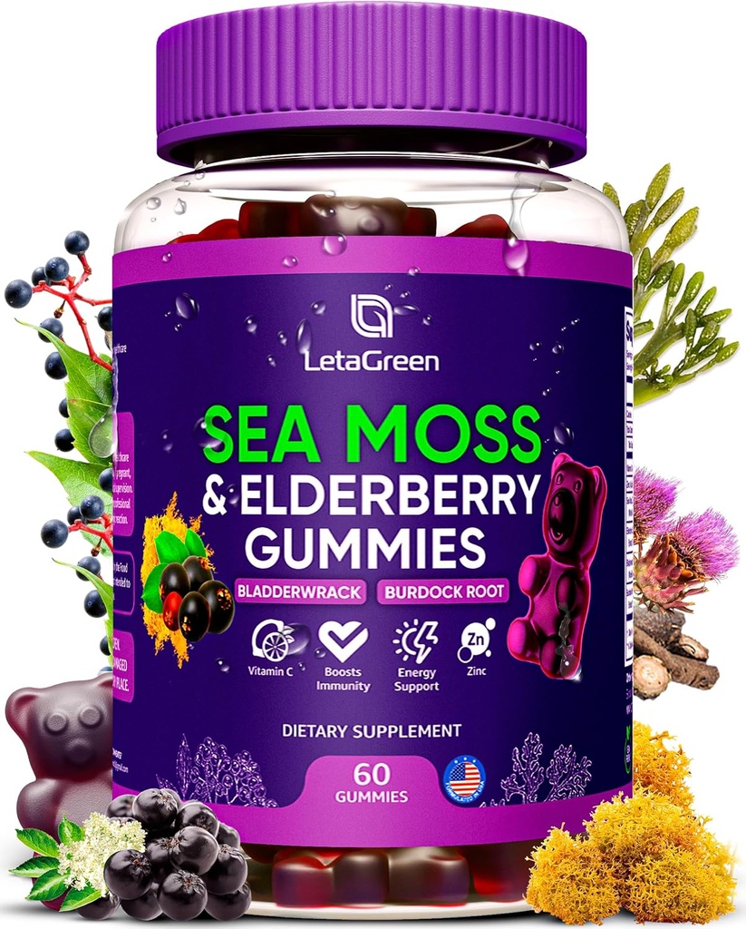 İrlandalı Deniz Moss Gummies – Bladderwrack Burdock Root Elderberry C & çinko – 60 Vegan Seamoss Gummy Bears for Yetişkinler Kids Men Women – Multimineral Yaşlı Vitaminler