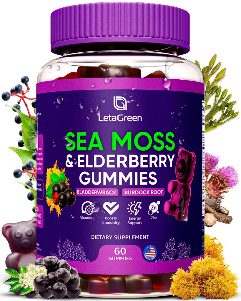Ιρλανδέζικης θάλασσας Moss Gummies – Bladderwrack Burdock Root Elderberry Vitamin C & Zinc – 60 Vegan Seamoss Gummy Bears για Ενήλικες Παιδιά Άνδρες Γυναίκες – Multimineral Elderberry Vitamins
